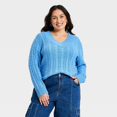 Women's Cable Knit V-Neck Sweater - Ava & Viv Blue 4X