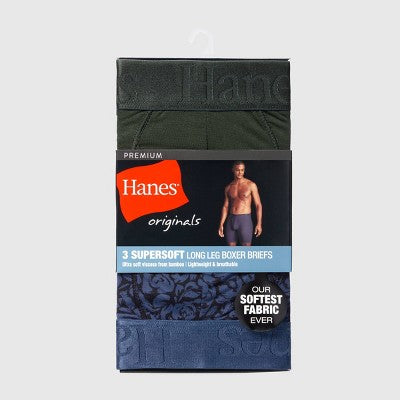 Hanes Originals Premium Men's SuperSoft Long Leg Boxer Briefs 3pk - Blue/Green/Gray M: Tagless, Moisture Wicking, Stretch Knit Fabric