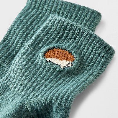 Women's Embroidered Hedgehog Ribbed Ankle Socks - Green 4-10