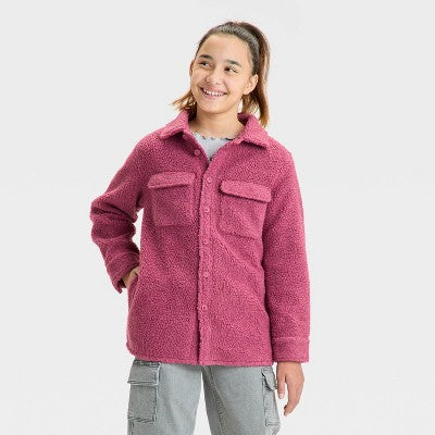 Girls' Solid Shear Berry Red L: Faux plush Shirt Jacket 4 Pockets