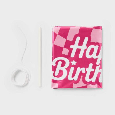 Wavy Checkered Happy Birthday Round Foil Balloon Pink - Spritz