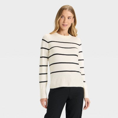 Women's Slim Fit Cozy Knit Pullover Sweater - A New Day Cream/Black Striped L