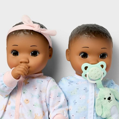14" Boy Girl Twin Baby Dolls - Dark Brown Hair + Brown Eyes - Gigglescape