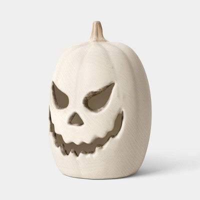 11.5" Classic Lit Pumpkin Jack O' Lantern with Timer and Terracotta Look Halloween Decorative Prop Off-White - Hyde and EEK! Boutique
