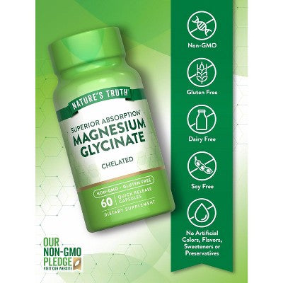 Nature's Truth Magnesium Glycinate Capsules | 200mg | 60 Count | Chelated Superior Absorption Formula | Non-GMO & Gluten Free Supplement
