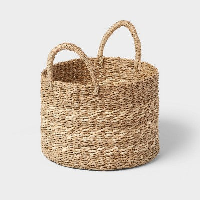 Woven Round Seagrass and Palm Leaf Striped Basket - Brightroom