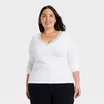 Women's Lace Trim V-Neck Ribbed Top - A New Day White XXL