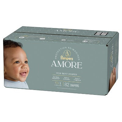 Amore by Pampers Diapers Super Pack - Size 1 - 82ct: 8 to 14 lbs, Disposable, White