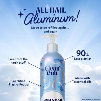 Cleancult Liquid Dish Soap - Refillable Aluminum Bottle - Fresh Rain - 16 fl oz