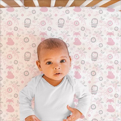 The Peanutshell Fitted Crib Sheets for Girls - Pink/White Woodland Floral - 4pk