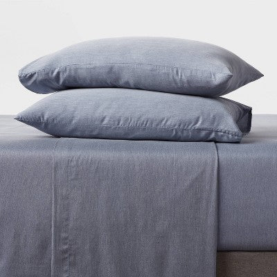 Queen Easy Care Cotton Blend Sateen Fitted Sheet Navy - Room Essentials: 225 Thread Count, 60% Cotton 40% Recycled Polyester