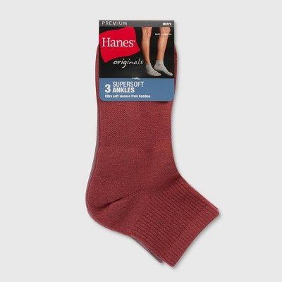 Hanes Originals Premium Men's SuperSoft Ankle Socks 3pk - Red/Mauve/Gray 6-12: Arch Support, Cushioned Sole