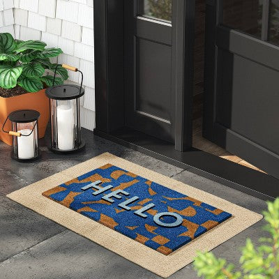 1'4"x2'4" Hello Geo Rectangular Outdoor Doormat Blue - Room Essentials (LOCAL PICKUP ONLY)