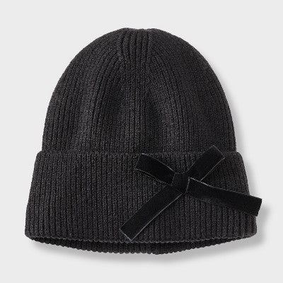 Girls' Satin Webbing Bow Beanie Hat - art class Black