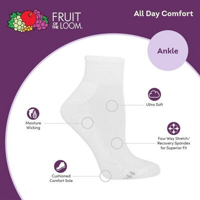 Fruit of the Loom Women's Cushioned 6pk Ankle Socks - White 4-10: Moisture Wicking, 4-Way Stretch