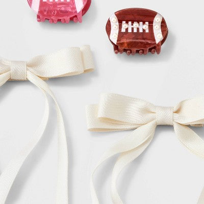 Girls' 4pk Football and Satin Bow Claw Clip Set - art class