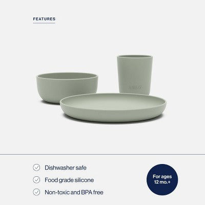 Lalo 3pc Toddler Mealtime Set Silicone Plate, Bowl, and Cup - Sage