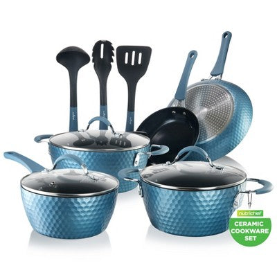 NutriChef 11-Piece Non-Stick Kitchen Cookware Set - Elegant Diamond Pattern, Ceramic Coated Pots & Pans (Blue) (LOCAL PICKUP ONLY)