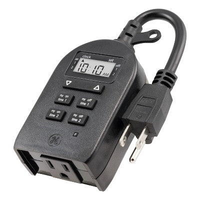 GE My Touch Smart Simple Set Digital Timer Outdoor 1 Grounded Outlet 2 Setting Trigger Plug Black: Light Timer Plug for Outdoor Use