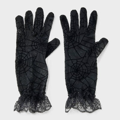 Halloween Spider Lace Gloves with Fringe - Black