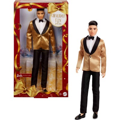 Barbie Signature 2025 Holiday Black Hair Ken Collectible Fashion Doll wearing Full Suit with Golden Jacket