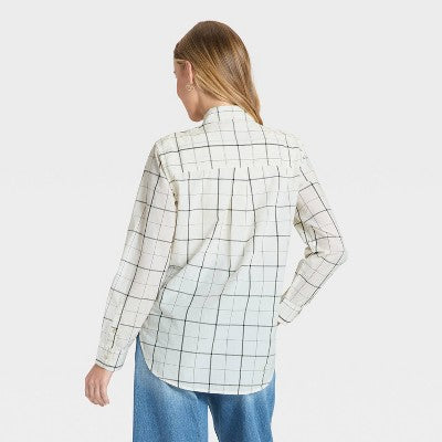 Women's Long Sleeve Collared Button-Down Shirt Cream Plaid L