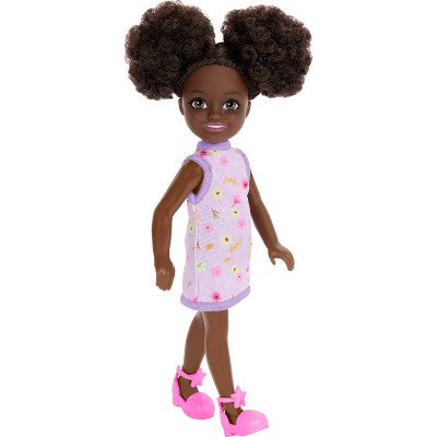 Barbie 6.3" Chelsea Small Doll Brown Hair/Brown Eyes Wearing Removable Purple Floral Dress with Space Buns