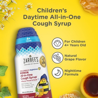 Zarbee's Kids' Nighttime Cough Syrup - 4oz: Drug-Free Cold Relief, Honey-Based Liquid Formula for Children