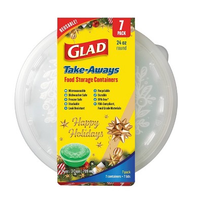 Glad Take-Aways Food Storage Containers, Holiday Wreath, Round - Green - 24oz - 7sets/14pcs