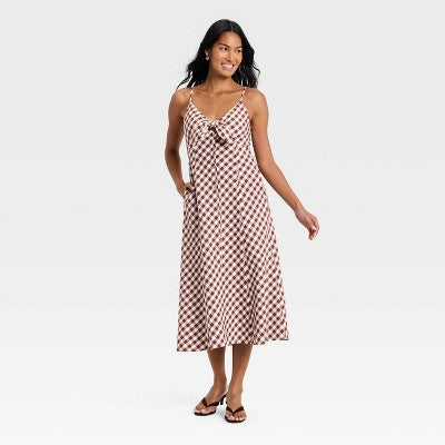 Women's Sleeveless Bow Midi ALine Dress A New Day Brown Gingham L