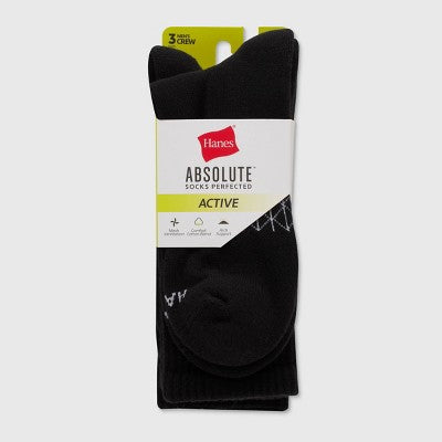 Hanes Men's 3pk Absolute Active Cushioned Crew Socks - Black 6-12: Arch Support, Seamless Toe
