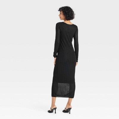 Women's Long Sleeve Sheer Maxi Sweater Dress - A New Day Black L
