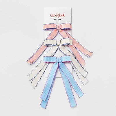 Girls' 3pk Scallop Ribbon Bow Set - Cat & Jack Pink/White/Blue: Hair Styling Clips, Recycled Polyester, Solid Pattern
