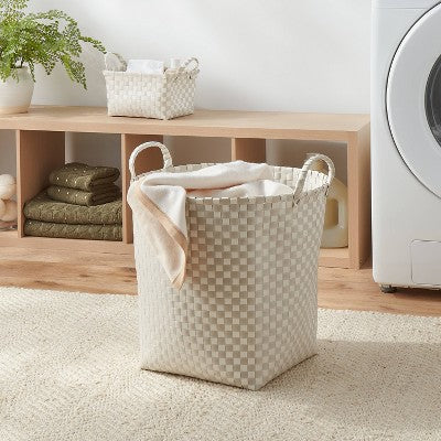Woven Plastic Floor Basket Tan/White Checkered - Brightroom