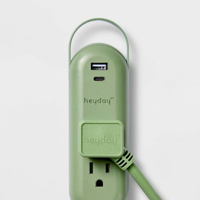 6' 2-Outlet Indoor Extension Cord with USB and USB-C Ports Green - heyday: Flat Plug, 16 AWG, 6ft Length