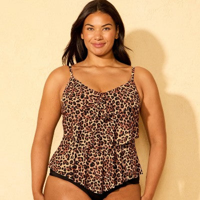 Women's Leopard Print Tiered Ruffle Tankini Top M