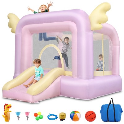 KRISRATE Inflatable Bounce House with Slide, Pink Kids Bouncy Castle for Indoor/Outdoor Use, with Basketball Hoop, Safety Net for Party, No Blower (LOCAL PICKUP ONLY)
