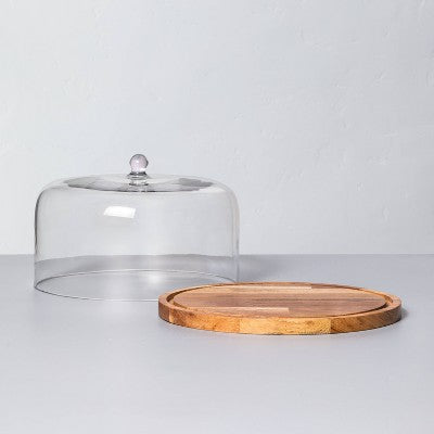 9" Wood & Glass Covered Dessert Storage Brown - Hearth & Hand with Magnolia: Acacia Cake Display Stand, Hand Wash
