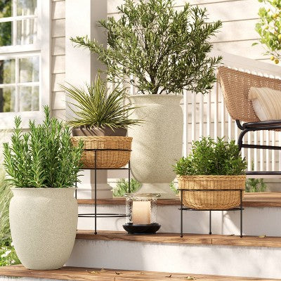 Small Wicker/Metal Indoor Outdoor Plant Stand Black/Cream 12.12"x12.12"x10.63" - Threshold designed with Studio McGee