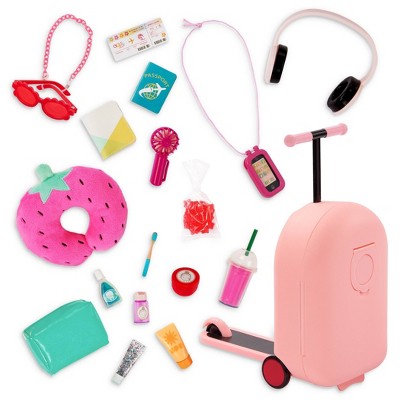 Our Generation Packed for Adventures Pink Luggage Scooter Suitcase & Accessories Set for 18" Dolls: 20-Piece Travel Set