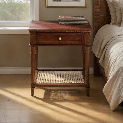 Storied Home Maxwelton Solid Wood End Accent Table Dark Chestnut/Natural: Traditional Style, Cane Shelf, Hidden Compartment (LOCAL PICKUP ONLY)