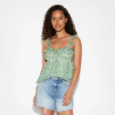 Women's Scoop Neck Chiffon Flutter Tank Top - Wild Fable Green Floral XXS