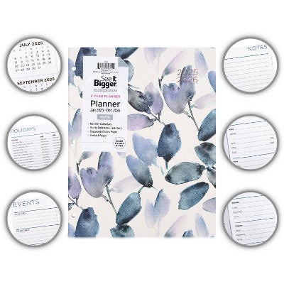 PlanAhead, See it Bigger, Jan 2025-Dec 2026 Monthly, Planner, 8.5"x11", Blue Leaf Floral