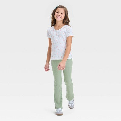 Girls' Ribbed Flare Leggings - Cat & Jack Light Olive Green M