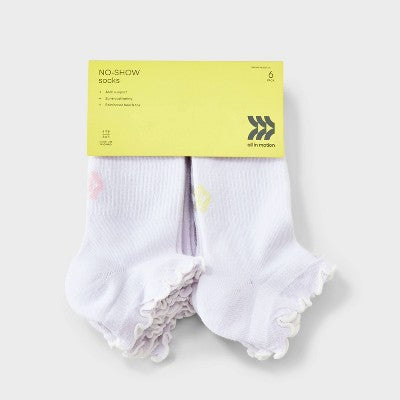Girls' 6pk Ruffle No Show Socks - All in Motion White L