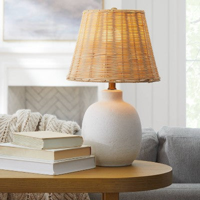 18.5"x11" Ceramic Table Lamp with Rattan Shade White - Threshold designed with Studio McGee: Nightstand Wicker Lighting