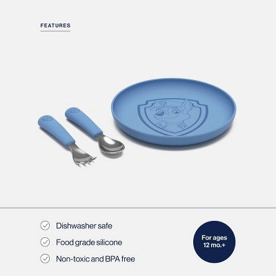 Lalo PAW Patrol 3pc Silicone Plate + Utensils Set - Chase: Solid Pattern, Service For 1, Silicone, Stainless Steel