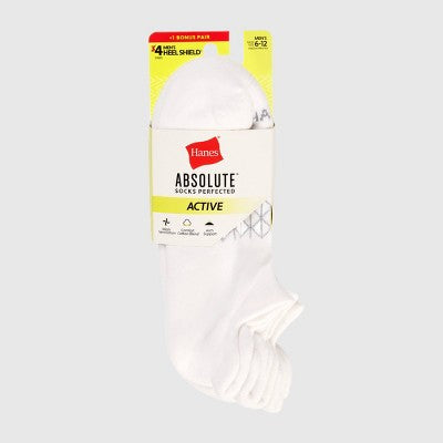 Hanes Men's 3pk +1 Absolute Active Cushioned Heel Shield Socks - White 6-12: Low Cut, Breathable Mesh, Arch Support, Seamless Toe