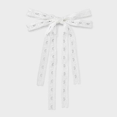 Heart Eyelet Double Bow Hair Barrette - A New Day White