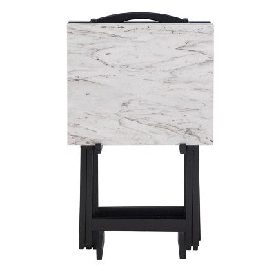 Linon 4pc 26.4" Talia TV Tray Table Set Faux Marble with Storage Rack White (LOCAL PICKUP ONLY)